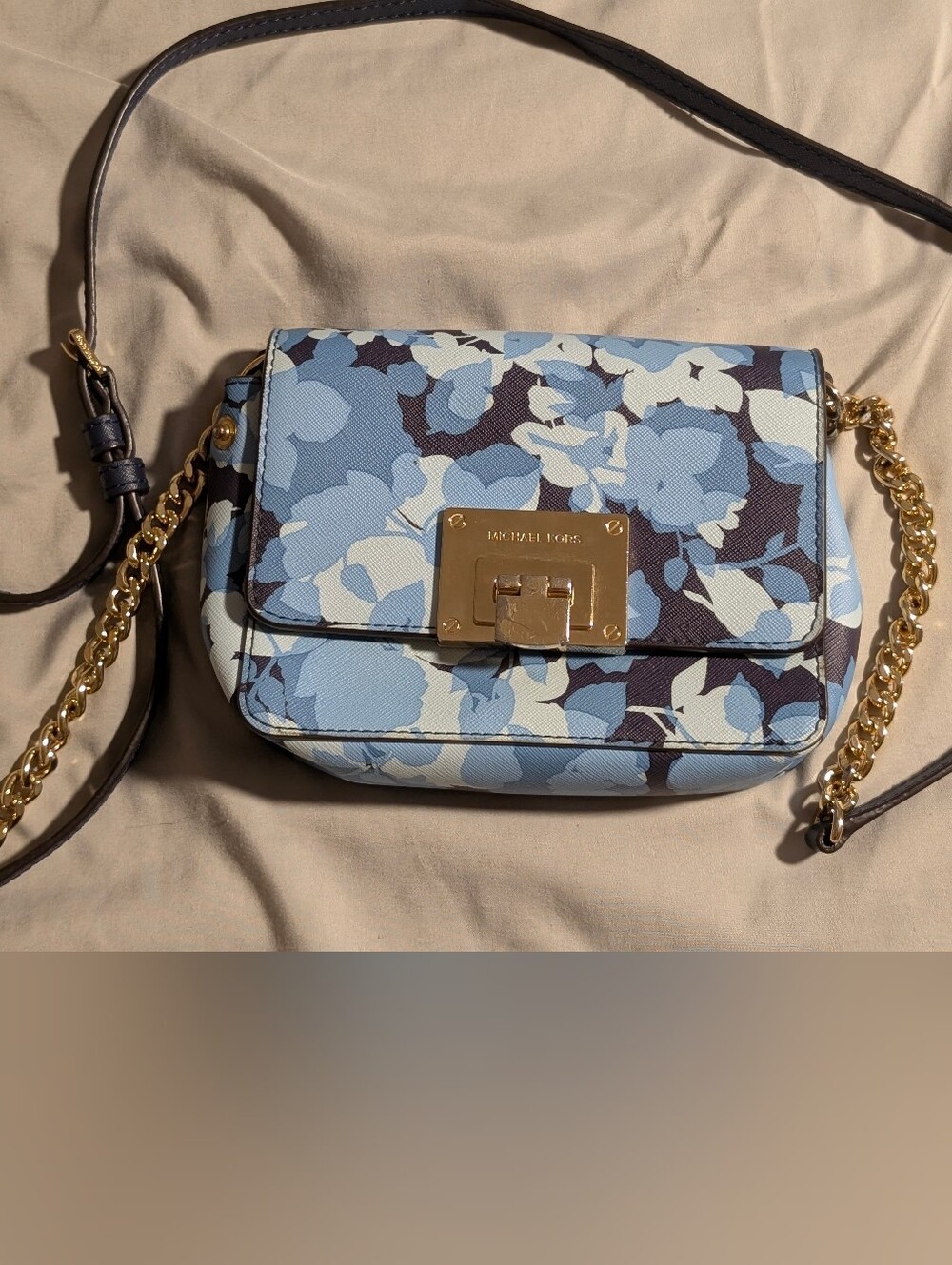 Michael Kors Light Blue Floral Crossbody with Gold Chain